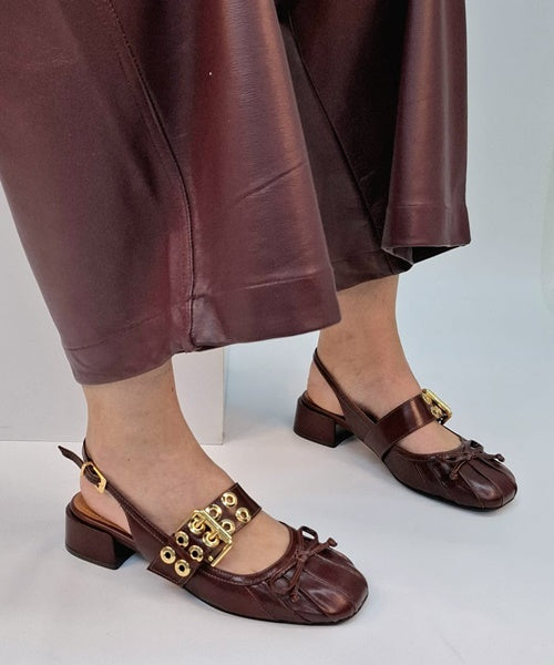 Slingback Salto Baixo Laço Castanho -