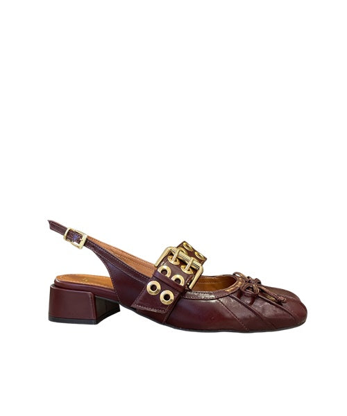 Slingback Salto Baixo Laço Castanho -