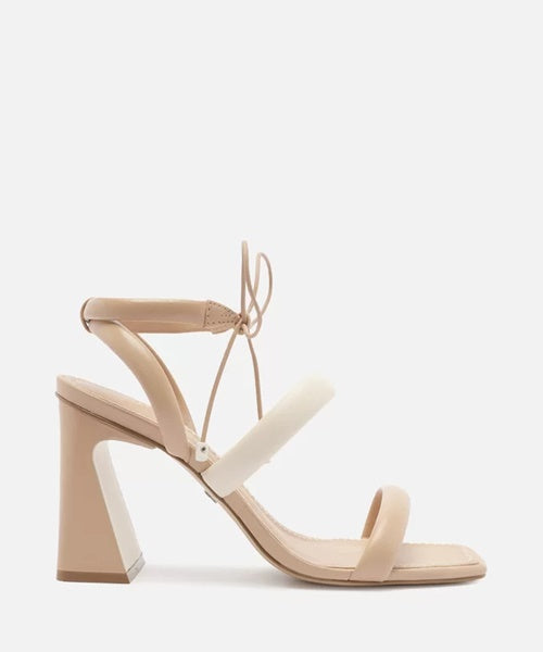 Sandália Nude Salto Bloco Flare Rosa -