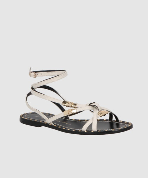 Sandália Rasteira de Couro Off White e Detalhes Metálicos -