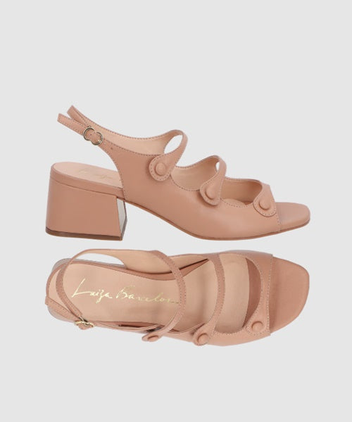Sandália 3 Tiras em Couro Bege Blush de Salto Médio Bloco-