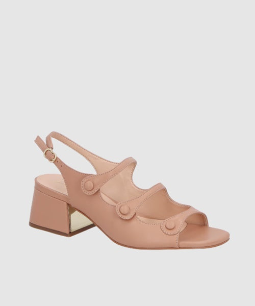 Sandália 3 Tiras em Couro Bege Blush de Salto Médio Bloco-