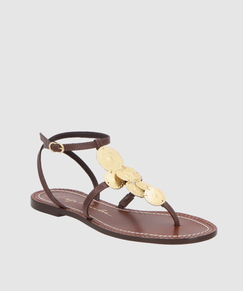 Rasteira de Dedo em Couro Café com Aplicações Metalizadas -