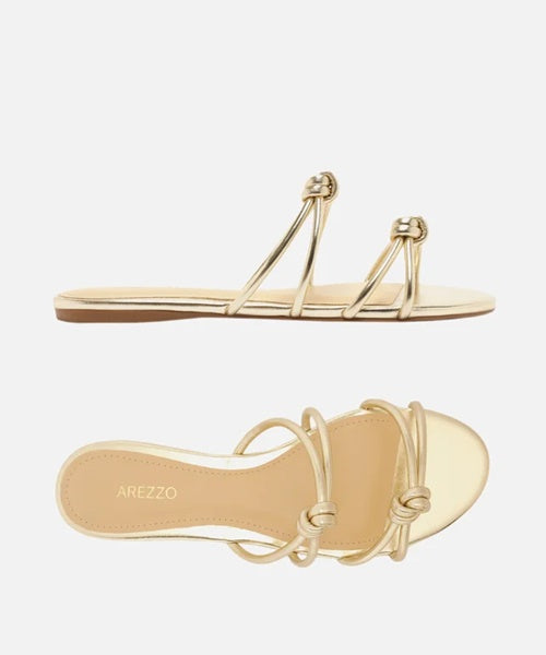 Rasteira Dourada Bico Redondo Tiras Nós -