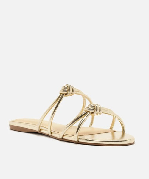 Rasteira Dourada Bico Redondo Tiras Nós -