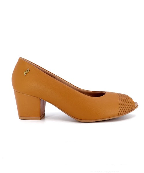 Peep Toe Salto Bloco Couro Marrom Bico Fino -