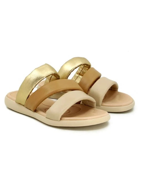 Chinelo Slide Couro Tricolor Metalizado Tiras Fofas -