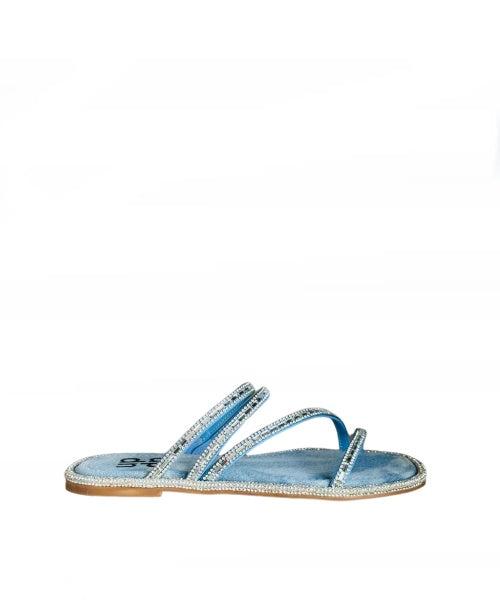Rasteira Tecido Jeans/Brilhos -