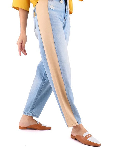 Mule Marrom Branco Bico Fino Couro -