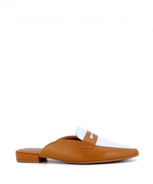 Mule Marrom Branco Bico Fino Couro -