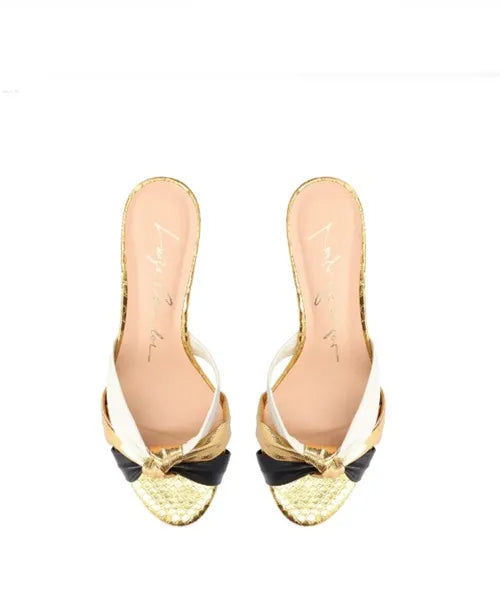Sandália Mule Peep Toe Detalhe Nó Salto Médio Dourado -