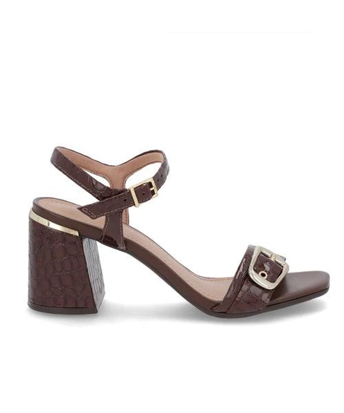 Sandália Bico Quadrado Couro Croco Marrom -