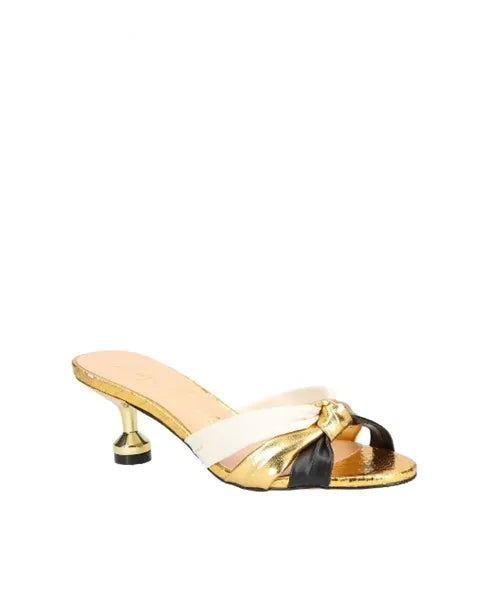 Sandália Mule Peep Toe Detalhe Nó Salto Médio Dourado -