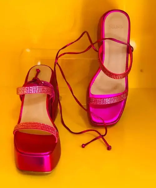 Sandália Pink Meia Pata Tiras Amarração -