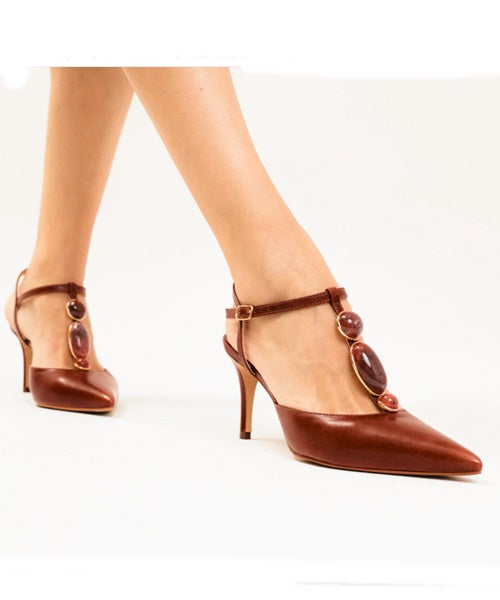 Slingback Couro Marrom Salto Médio