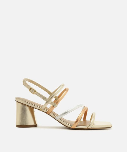 Sandália Metalizada Couro Salto Bloco Redondo