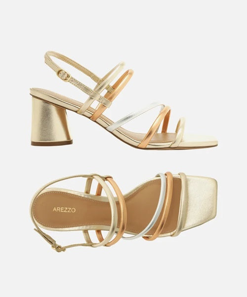 Sandália Metalizada Couro Salto Bloco Redondo