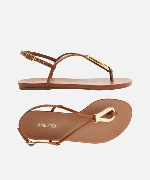Sandália Rasteira Marrom Slim Metal Dourado