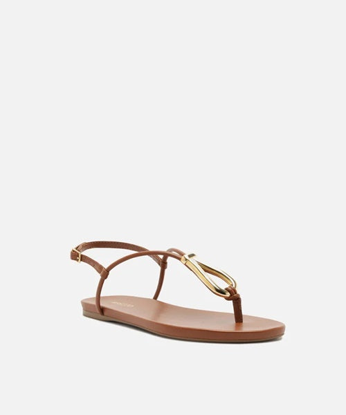 Sandália Rasteira Marrom Slim Metal Dourado