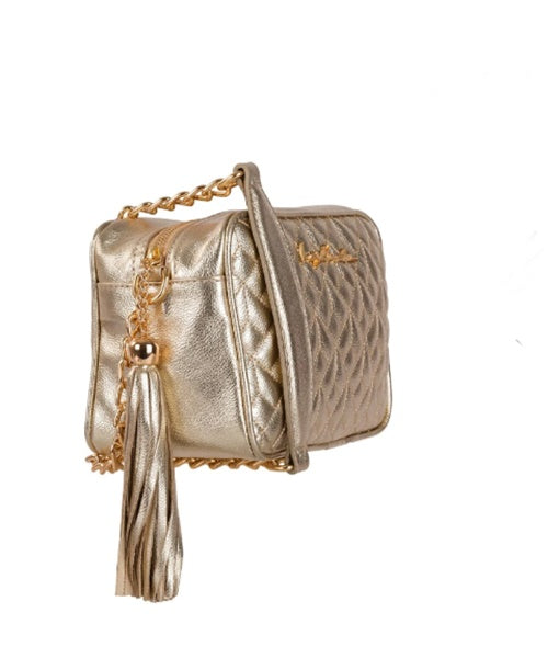 Bolsa Clássica em Couro Metalizado Dourado e Alça de Correntes Média