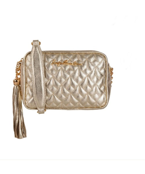 Bolsa Clássica em Couro Metalizado Dourado e Alça de Correntes Média