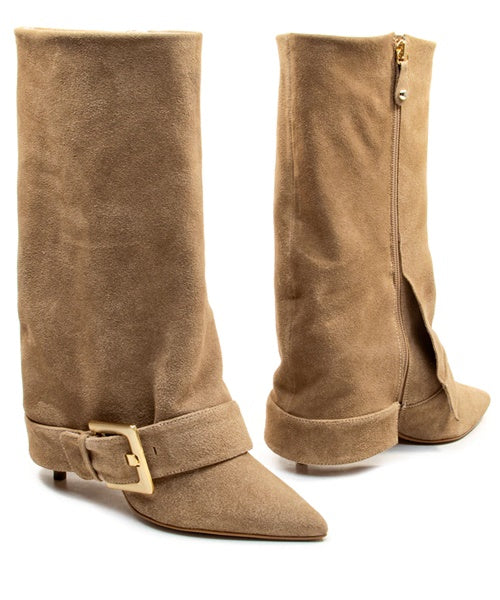 -Bota Couro Camurça Latte Cano Médio - Cecconello