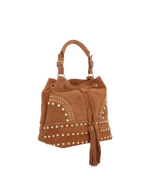Bolsa Média Bucket Rebites Camurça Caramelo