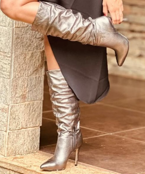 Bota Cano Longo Couro Metalizado Roma Pewter - Bottero