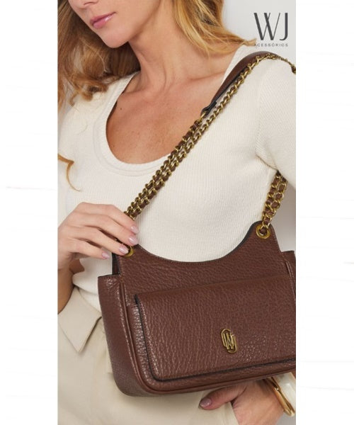 Bolsa Transversal Média com Bolso Frontal e Alça Corrente Marrom