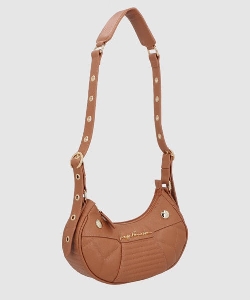 Bolsa Baguete em Couro Caramelo com Alça de Ilhoses Pequena