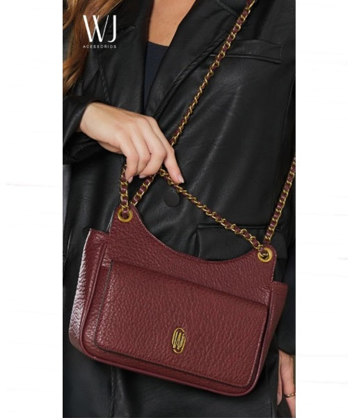 Bolsa Transversal Média com Bolso Frontal e Alça Corrente Vinho