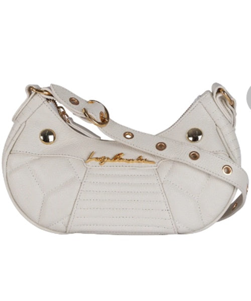 Bolsa Baguete Couro Off White com Alça de Ilhoses Pequena