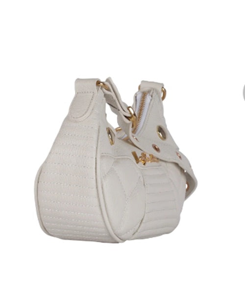Bolsa Baguete Couro Off White com Alça de Ilhoses Pequena