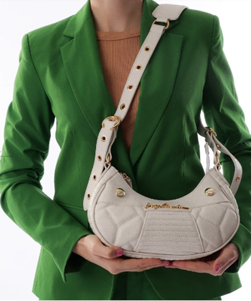 Bolsa Baguete Couro Off White com Alça de Ilhoses Pequena