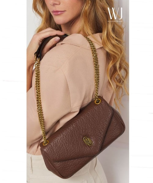 Bolsa Transversal Média com Alça Corrente Marrom