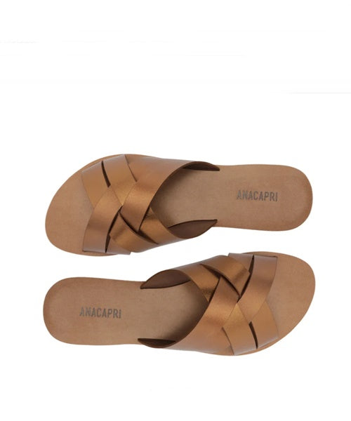 Rasteira Tiras Entrelaçadas Couro Bronze