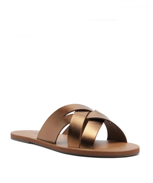 Rasteira Tiras Entrelaçadas Couro Bronze