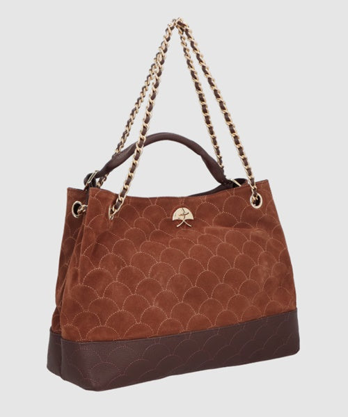 Bolsa Hobo Grande Matelassê em Couro Marrom e Camurça Caramelo