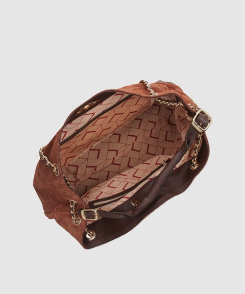 Bolsa Hobo Grande Matelassê em Couro Marrom e Camurça Caramelo