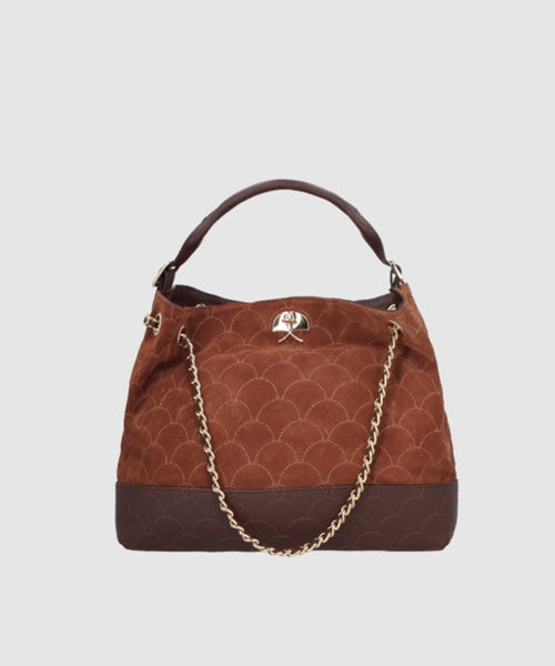 Bolsa Hobo Grande Matelassê em Couro Marrom e Camurça Caramelo