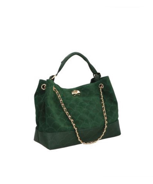 Bolsa Média em Couro Verde e Camurça Montanha com Fecho Dourado e Alça de Corrente