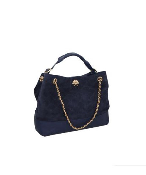 Bolsa Média em Couro Naval e Camurça Atlântico com Fecho Dourado e Alça de Corrente