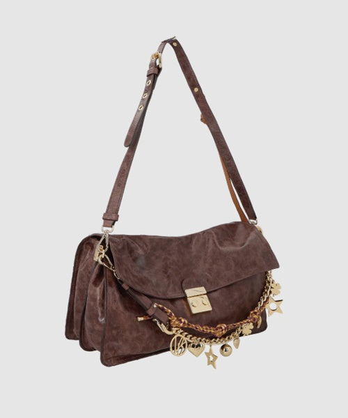 Bolsa Média em Couro Estonado Marrom Café com Charmes