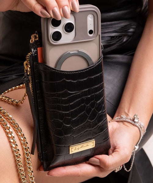 Bolsa Pequena Porta-Celular em Couro Croco Preto