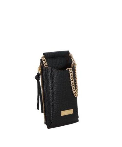 Bolsa Pequena Porta-Celular em Couro Croco Preto