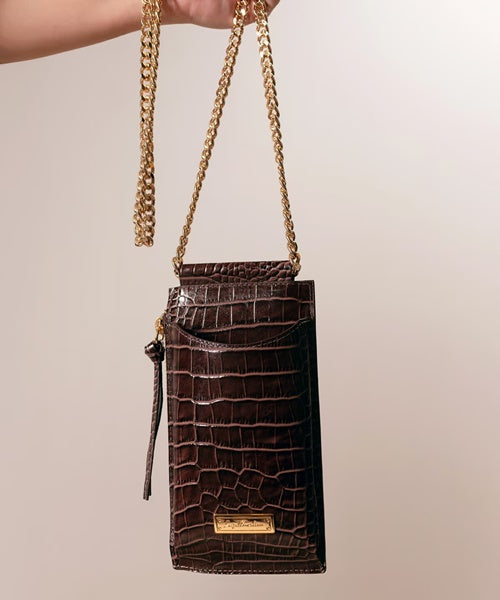 Bolsa Pequena Porta-Celular em Couro Croco Coffee