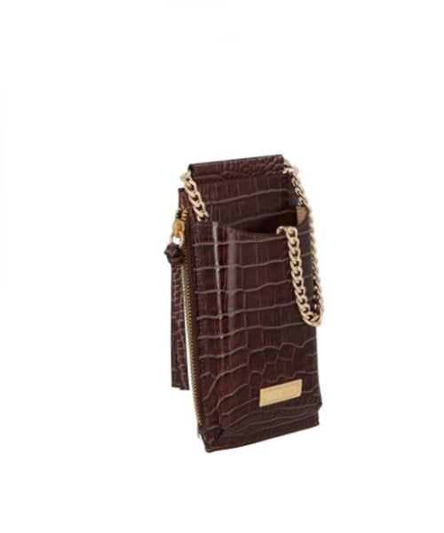 Bolsa Pequena Porta-Celular em Couro Croco Coffee