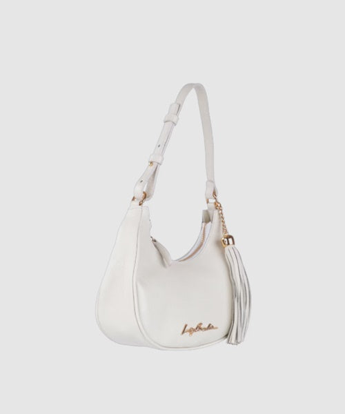 Bolsa Baguete Meia Lua em Couro Off White Pequena
