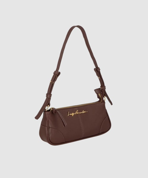 Bolsa Baguete em Couro Marrom Café com Alça Regulável Pequena