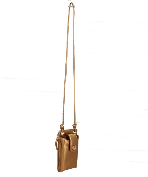 Bolsa Pequena Porta-Celular em Couro Metalizado Ouro